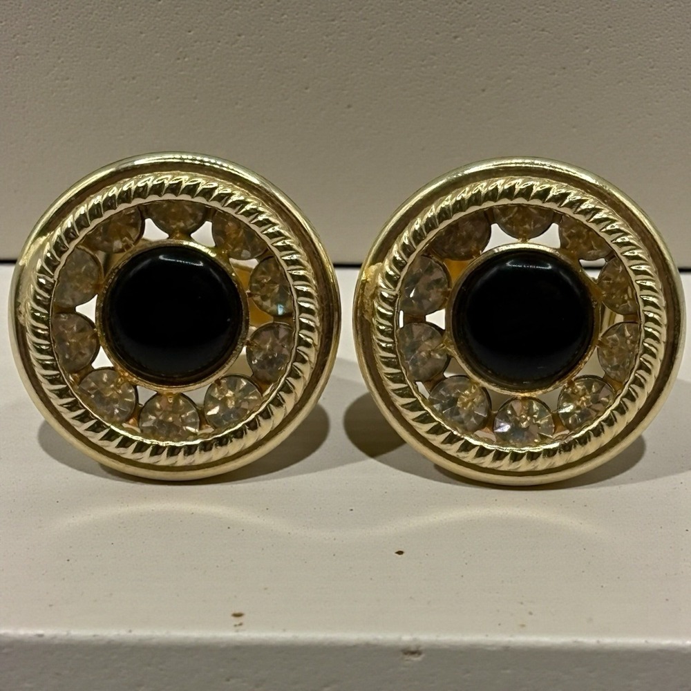 Gold Tone Rhinestone Cufflinks Black Center Round Vintage Rope Twist Design MCM